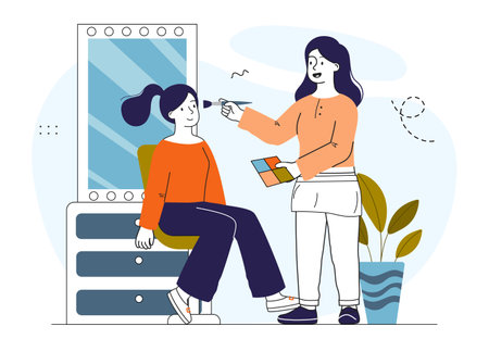 Makeup artist with client. Woman applying makeup and cosmetics to face of young girl. Beauty treatment. Stylist in salon. Visagiste with palette and brush. Linear vector illustrationのイラスト素材