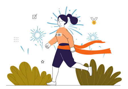 Marathon winner woman. Young girl crossing finish line. Active lifestyle and sports. Sportswoman and athlete. Sprinter jogging outdoors. Fitness and workout. Linear vector illustrationのイラスト素材