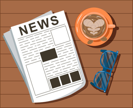 Morning newspaper top view. High angle view at newspaper, cup with coffee and glasses. Morning traditions and rituals. Mug with hot drink. Daily routine. Flat vector illustrationのイラスト素材