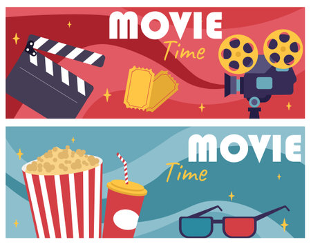Movie time posters set. Cinema, movie and series. Filmmaking and film industry. Pop corn, soda and 3d glasses. Camera and clapperboard. Flat vector collection isolated on white backgroundのイラスト素材