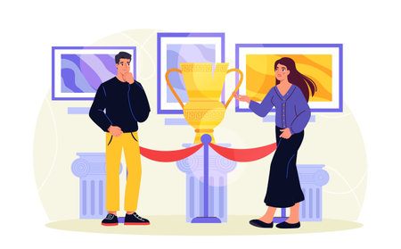 Visitors in museum. Man and woman near golden ancient vase. Art exhibition and gallery. Cultural recreation and leisure. Presentation and exhibition. Flat vector illustrationのイラスト素材