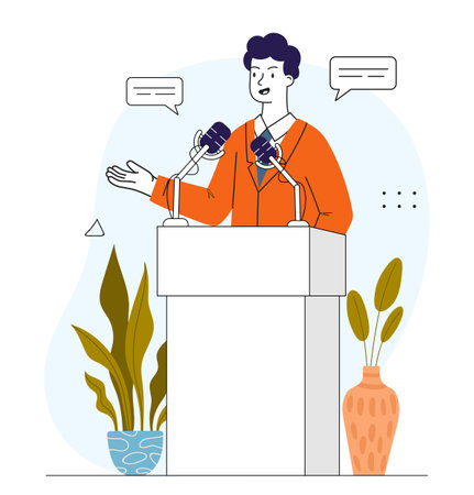 Public speaker man. Young guy on podium with microphone speaks to audience. Public speaking and presentation, press conference and political debate. Linear vector illustrationのイラスト素材