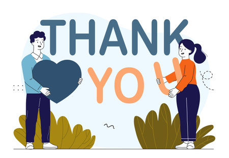 Thank you poster. Woman and man with heart in their hands near inscription. Love and romance. Greeting postcard for Valentines Day and wedding anniversary. Linear vector illustrationのイラスト素材