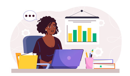 Businesswoman work with graphs. Woman with laptop sitting near charts. Analyst conducts marketing research. Financial literacy, accounting and budgeting. Flat vector illustrationのイラスト素材