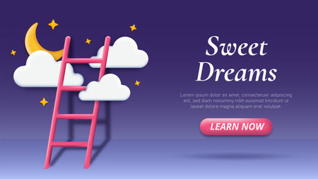 A pink ladder reaching clouds and a crescent moon with stars on a purple gradient background. Creative concept of sweet dreams. Vector illustrationのイラスト素材