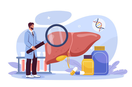Doctor examining a liver with a magnifying glass, surrounded by medicine bottles and test tubes, on a light background. Medical research and health care. Vector illustrationのイラスト素材