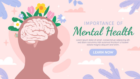 Side profile of a human head with a brain inside, adorned with flowers and leaves, on a pastel pink background. Promotes mental health awareness. Vector illustrationのイラスト素材