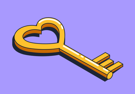 Golden heart-shaped key with a glossy finish on a purple background. Flat design style. Represents love, access, and connection concepts. Vector illustrationのイラスト素材