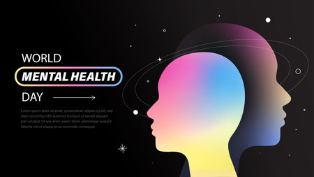 Silhouettes of human heads with gradient colors against a black background, highlighted by text WORLD MENTAL HEALTH DAY. Concept of awareness. Vector illustrationのイラスト素材
