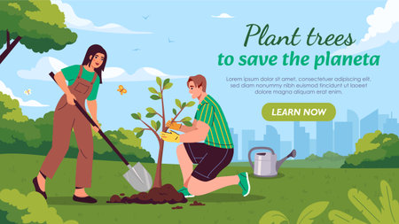 Two individuals planting a tree in a lush green park, with a watering can and gardening tools nearby. Bright blue sky and urban skyline in the background. Environment concept. Vector illustrationのイラスト素材