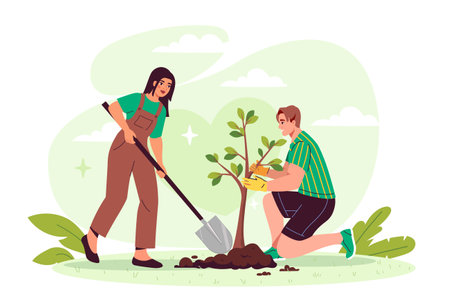 Two people planting a tree together outdoors, one digging with a shovel and the other stabilizing the sapling. Flat style, on a green background. Concept of teamwork. Vector illustration.のイラスト素材