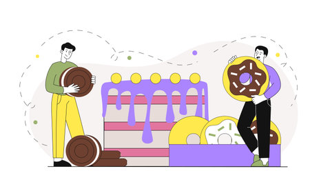 Two people arranging a large cake and donuts with vibrant colors. Minimalistic style on a white background. Concept of baking and celebration. Vector illustrationのイラスト素材