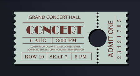 Concert ticket with elegant typography, featuring event details like date, time, seat, and venue. Minimalist style, beige and brown on dark background. Vector illustrationのイラスト素材