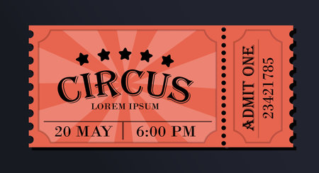 Orange circus ticket with bold text, decorative stars, and event details in a flat design style on a dark background. Concept of entertainment. Vector illustrationのイラスト素材