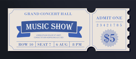 A vintage-style concert ticket design with blue and beige tones, featuring details like seat, date, and price on a dark background. Vector illustrationのイラスト素材