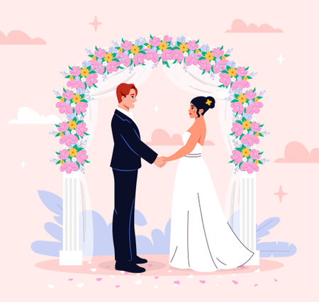 Bride and groom standing under a floral arch, holding hands, on a pastel background. Romantic outdoor ceremony scene. Vector illustrationのイラスト素材