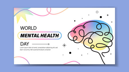 Abstract illustration of a colorful brain with swirling lines, set against a white background with text promoting World Mental Health Day. Vector illustrationのイラスト素材