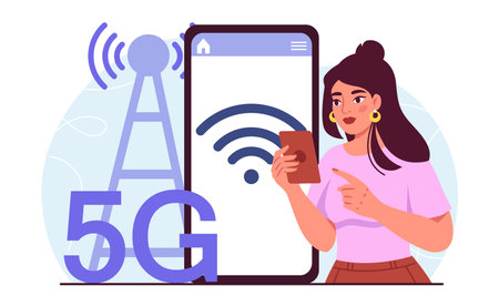 Woman with 5g. Young girl with smartphone. Wireless internet connection. Person near 5g tower and mobile phone. Modern technologies and innovations. Flat vector illustrationのイラスト素材