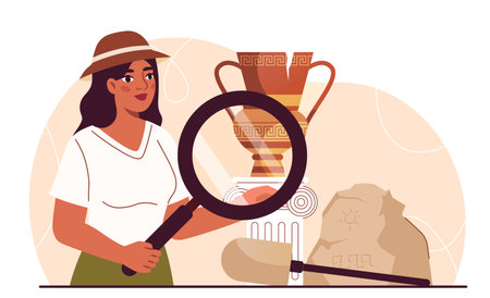 Female archaeologist concept. Woman with magnifying glass evaluates ancient vase History and archeology. Antique jewelry and Fossil. Scientific research. Flat vector illustrationのイラスト素材