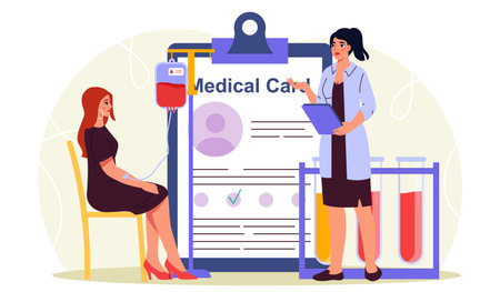 Blood donor woman. Doctor with young girl near medical card. Volunteer donates blood. Charity, generosity and kindness. Healthcare and medicine, treatment. Flat vector illustrationのイラスト素材