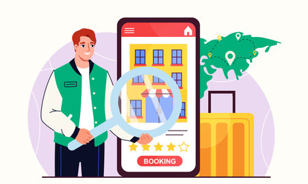 Online hotel booking. Man with magnifying glass near smartphone screen with hostel. Mobile application for traveler and tourists. Holiday and vacation. Flat vector illustrationのイラスト素材