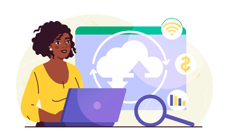 Woman work with cloud service. Young girl with laptop uploads or downloads documents. File sharing on Internet. Online electronic storage or archive. Flat vector illustrationのイラスト素材