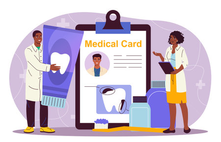 Team of dentists. Man and woman in medical uniform near toothpaste and tooth picture. Healthcare and medicine. Diagnosis and treatment. Dentistry and stomatology. Flat vector illustrationのイラスト素材