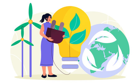 Woman with clean energy. Young girl near huge light bulb and windmills. Alternative energy and electricity. Caring for nature, ecology and environment. Flat vector illustrationのイラスト素材