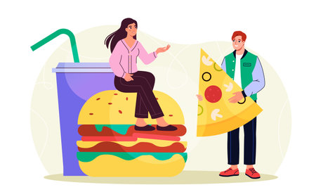 People with fast food. Man and woman with piece of pizza and hamburger near large cup of soda. Unhealthy and fatty eating. Fastfood and takeaway eating. Flat vector illustrationのイラスト素材