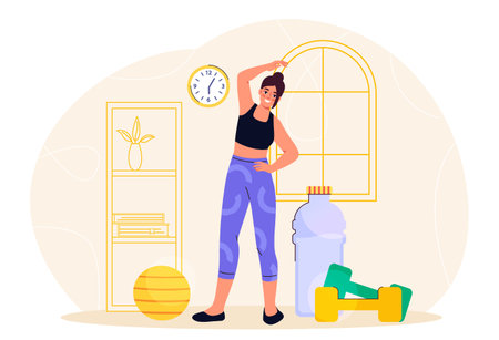 Woman training at home. Young girl stretches near dumbbells and yellow fitball. Training and workout. Active lifestyle, fitness and sport. Athlete and sportswoman. Flat vector illustrationのイラスト素材