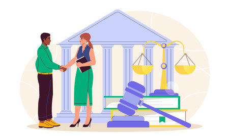 Lawyers near courthouse. Man and woman shake hands near courthouse and judges gavel. Justice and judgement. Legal support of deals. Notary and lawyer. Flat vector illustrationのイラスト素材