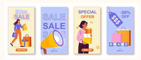 Sale posters set. Special offer, discounts and promotions. Woman with loudspeaker. Marketing and advertisement. Online shopping. Flat vector collection isolated on white backgroundのイラスト素材