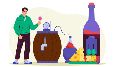 Wine production concept. Man near barrel with alcoholic drink. Wine and cheese. Alcoholic drinks and beverages. Winemaking and viticulture, grapevine. Flat vector illustrationのイラスト素材