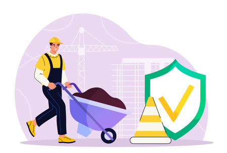 Safety building work. Man in uniform with cart with soil. Safety and caution, protection. Builder and handyman. Engineering and construction, architecture. Flat vector illustrationのイラスト素材