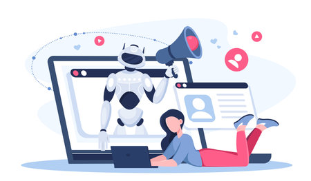 AI social media concept. Woman near computer with robot. Living on social networks using artificial intelligence. Process automation, machine learning. Flat vector illustrationのイラスト素材