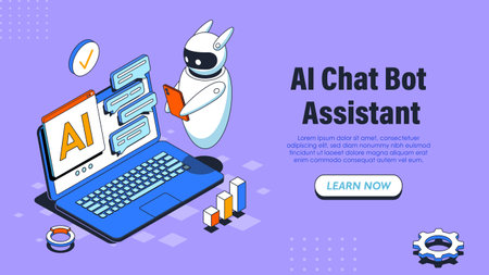 AI chat bot assistant poster. Bot with laptop. Artificial intelligence and machine learning. Automation of answers to questions. Landing webpage design. Isometric vector illustrationのイラスト素材