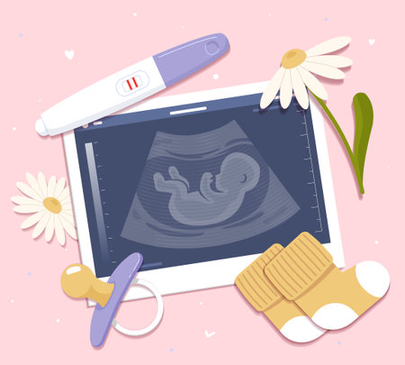 Baby ultrasound xray shot. Pregnancy, motherhood and parenthood. Healthcare and medicine. Radiography and roentgen. Expected child. Fetus and embryo. Flat vector illustrationのイラスト素材