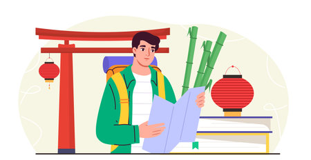 Tourist in China. Man with map in his hands near Chinese traditional building. Holiday and vacation. Landmark and sightseen. Travels and tourism. Flat vector illustrationのイラスト素材
