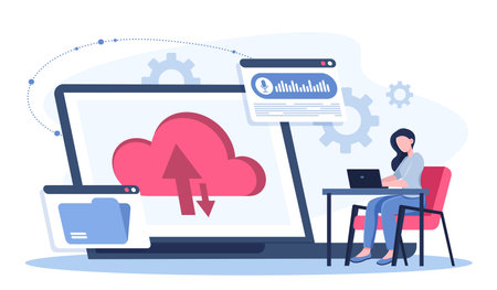 Cloud system file. Woman with laptop upload files to server. Internet safety and personal data protection. Exchange of documents on Internet. Electronic storage. Flat vector illustrationのイラスト素材