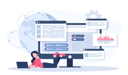 Content filling concept. Woman with laptop develops articles for website. Copywriter and content creator. Entertainment in social networks. SMM specialist. Flat vector illustrationのイラスト素材