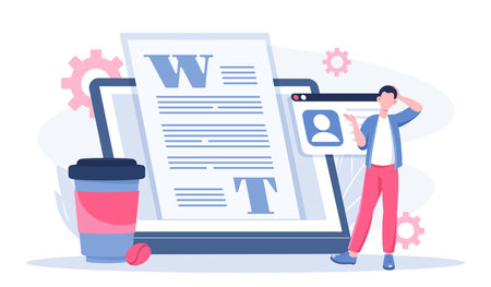 Content management online. Man reads article for website. Talented author and content creator. SEO and SMM. Promotion on social networks and Internet. Flat vector illustrationのイラスト素材