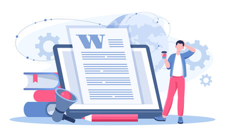 Copywriter man concept. Man with loudspeaker near tablet. Talented author and content creator. Creating content for social networks and Internet. Flat vector illustrationのイラスト素材