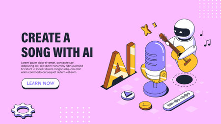 Create song with AI poster. Bot with guitar near microphone and smartphone. Music, melodies and songs. Creativity and art. Machine learning and artificial intelligence. Isometric vector illustrationのイラスト素材