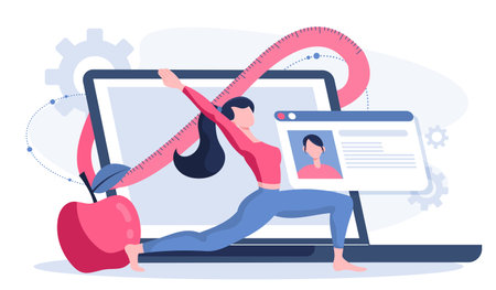 Diet plan online. Woman does yoga near laptop. Active lifestyle and sports. Fitness, training and workout. Healthy eating and proper diet, nutrition. Flat vector illustrationのイラスト素材