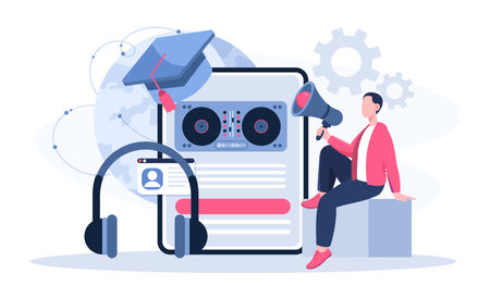 DJ online platform service. Man with loudspeaker sitting near headphones and radio, graduate hat. Fun and entertainment. Nightclub on internet. Disc jockey. Flat vector illustrationのイラスト素材