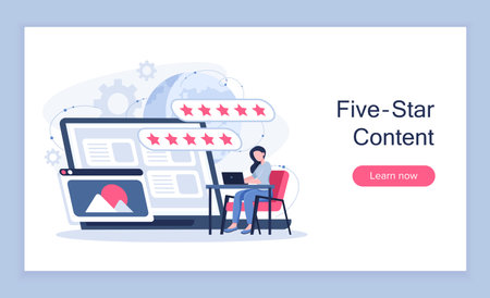 Five star content poster. Woman with laptop near article with rating. Ranking and users opinion, feedback. Talented author. Landing webpage design. Flat vector illustrationのイラスト素材