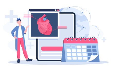 Heart check online. Man in medical uniform near heart structure. Healthcare and medicine. Diagnosis and treatment. Prevention of cardiovascular disease. Flat vector illustrationのイラスト素材