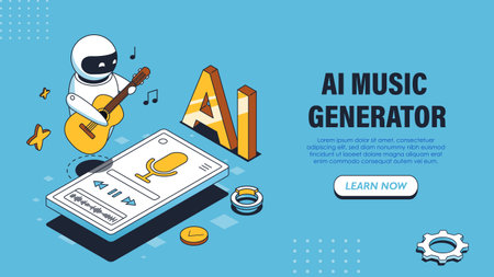 AI music generator poster. Robot with guitar near smartphone with mic. Melodies and songs. Artificial Intelligence and Machine Learning. Landing webpage design. Isometric vector illustrationのイラスト素材