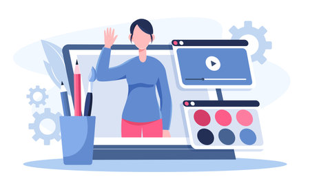 Make up artist online. Woman on tablet screen. Makeup courses and master classes on internet. Beauty, aesthetics and elegance. Skincare and beauty procedures. Flat vector illustrationのイラスト素材