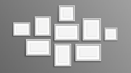 Realistic frames set. Pictures and photos on wall. Template and layout for pictures. Wooden frames with glass. Gallery and collage. Flat vector collection isolated on grey backgroundのイラスト素材